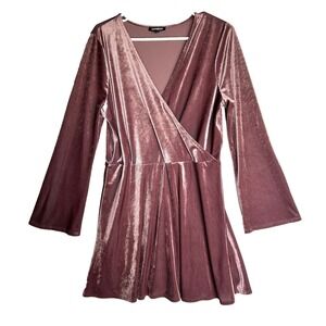 Express Velvet Mauve Romantic Velour Ribbed Flared Sleeve Wrap Dress Women L Y2k